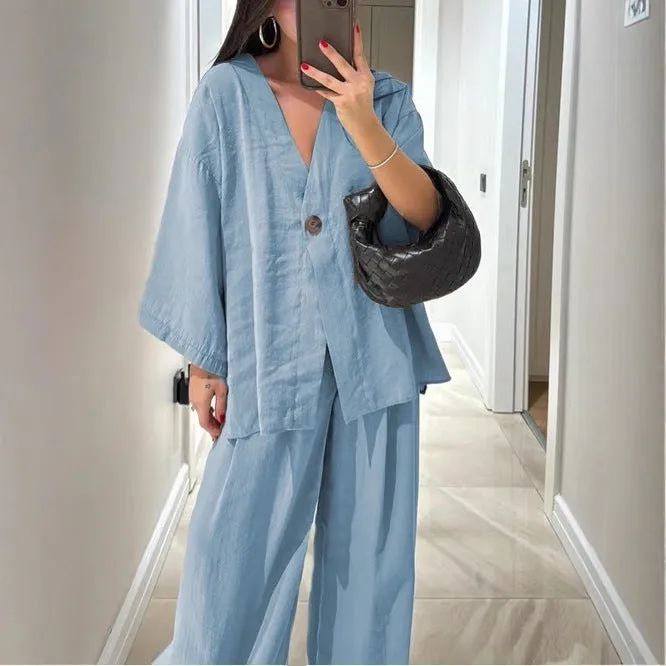 Women's solid colour polyester cardigan top and trousers set with zipper and button detail, long sleeves, commute style, available in six colours