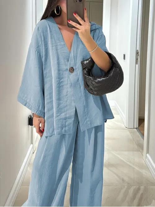 Women's solid colour polyester cardigan top and trousers set with zipper and button detail, long sleeves, commute style, available in six colours