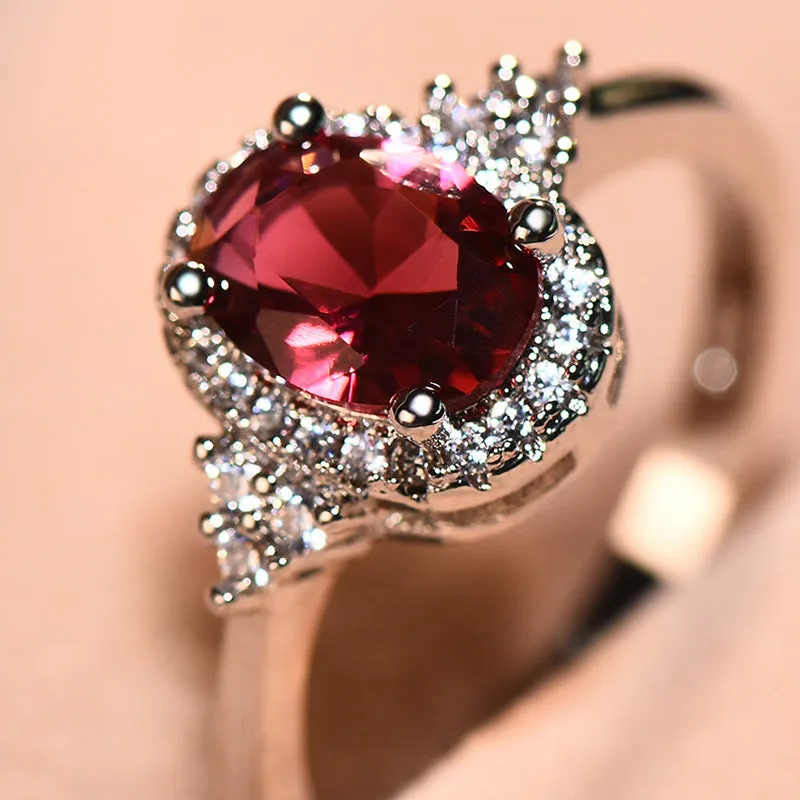 Adjustable open mouth copper ring with oval ruby stone in white gold colour