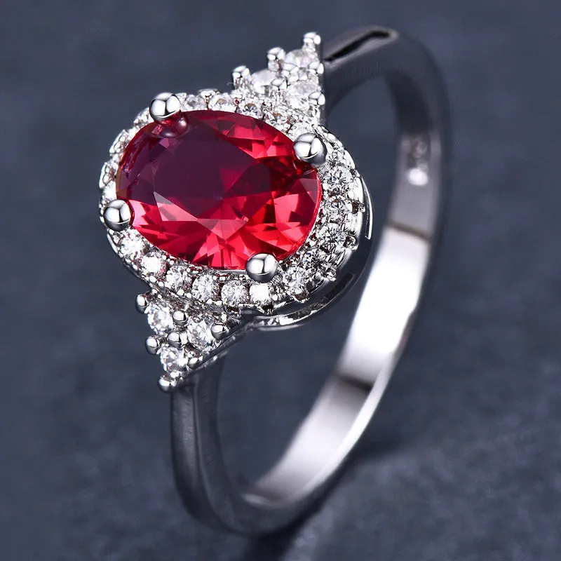 Adjustable open mouth copper ring with oval ruby stone in white gold colour