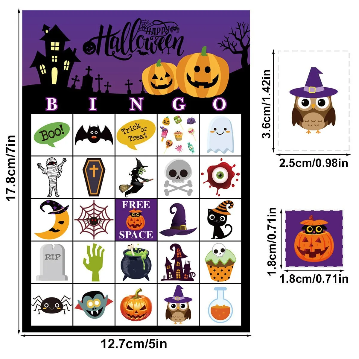 Halloween pumpkin bingo game cards on a table, paper set measuring 13x18 cm