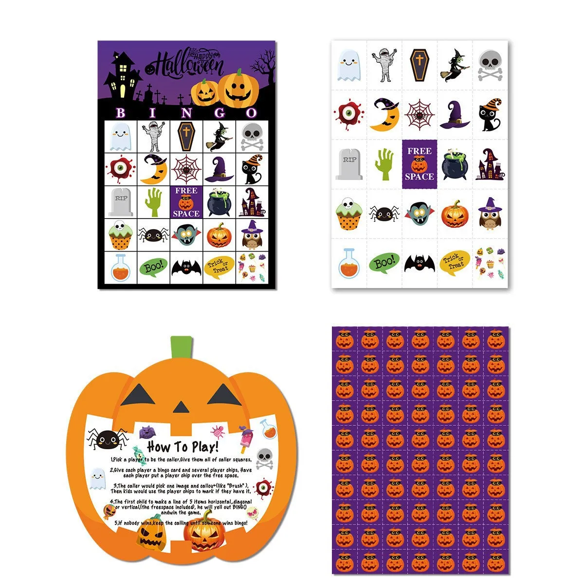 Halloween pumpkin bingo game cards on a table, paper set measuring 13x18 cm