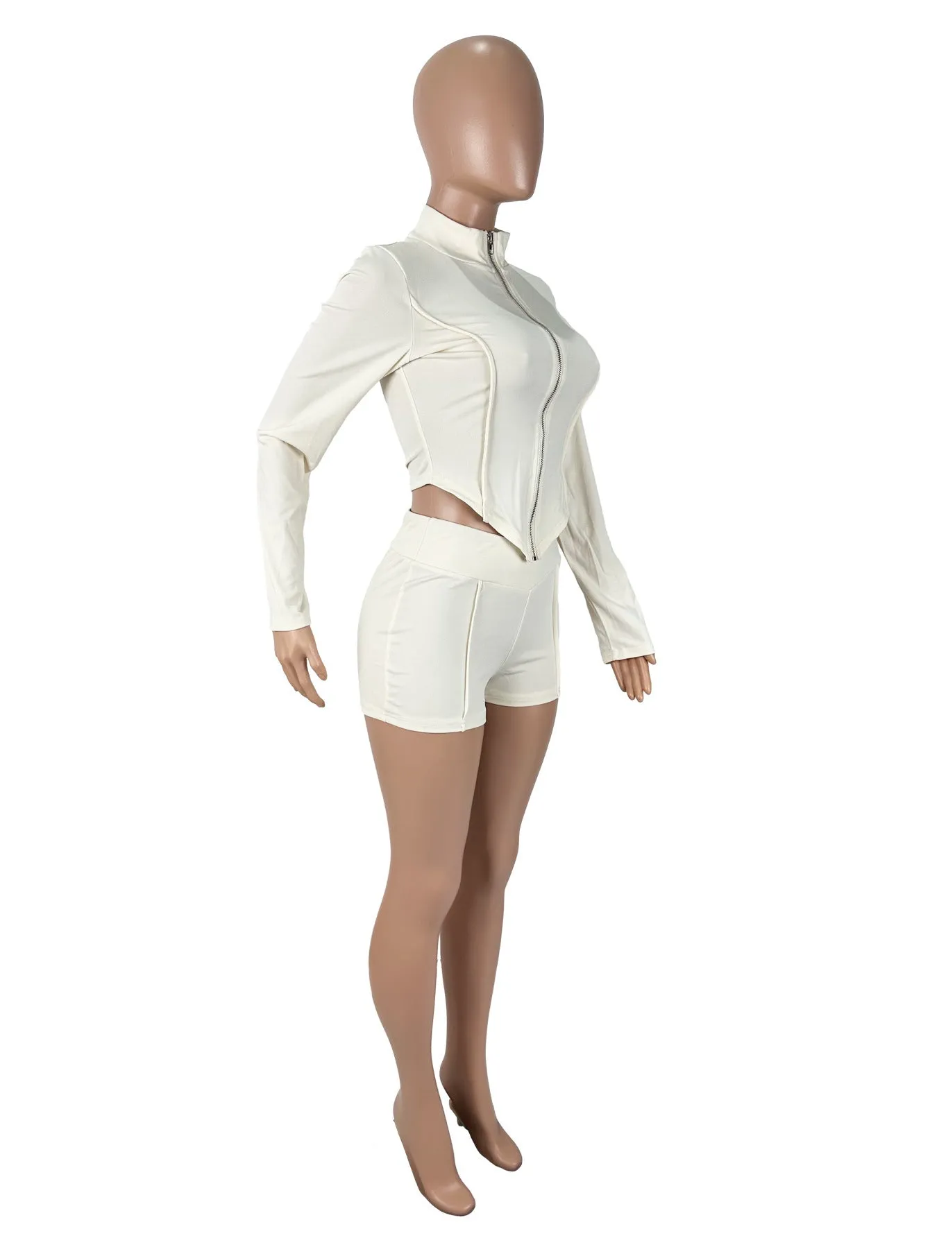 Women's solid colour apricot polyester lapel long sleeve top and shorts suit set on model
