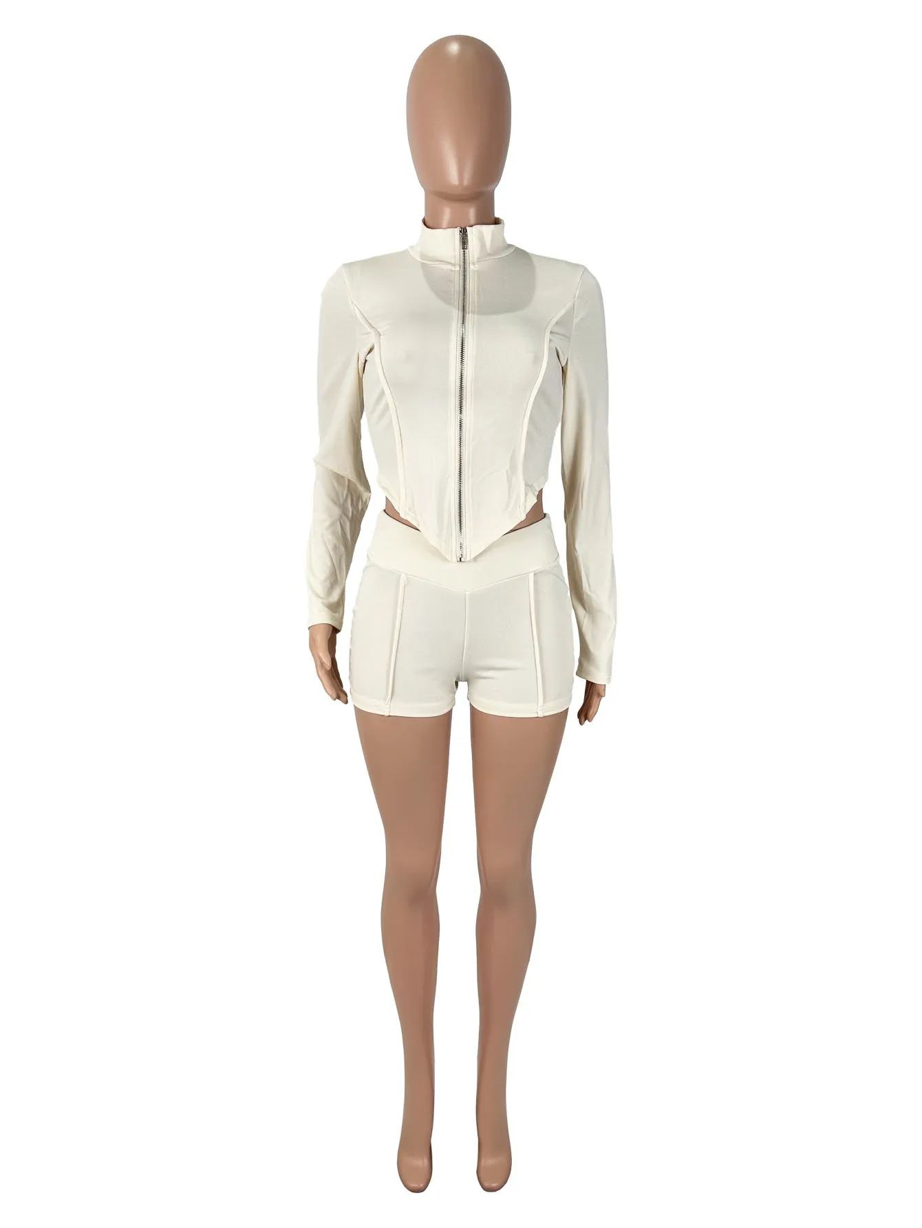 Women's solid colour apricot polyester lapel long sleeve top and shorts suit set on model