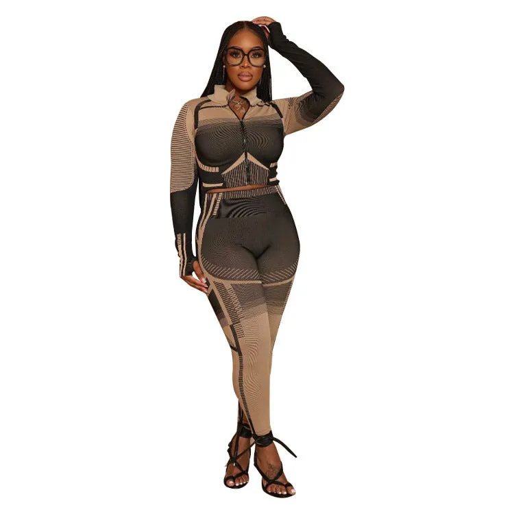 Women's brown striped long sleeve polyester trousers suit set on model