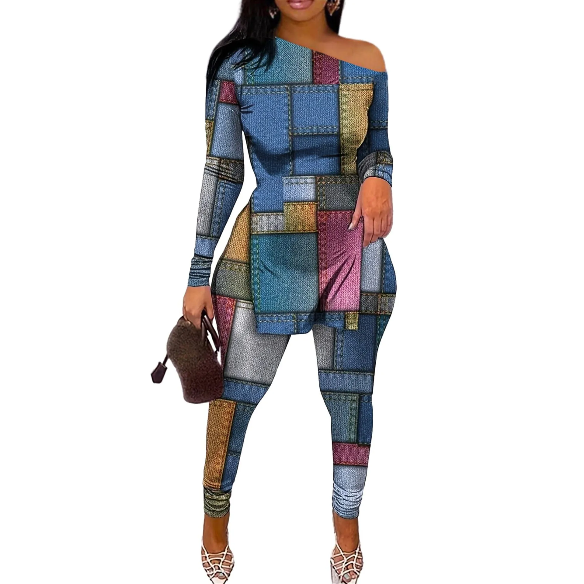 Multicolor patterned diagonal shoulder slit hem trousers suit for women with short sleeves and matching trousers