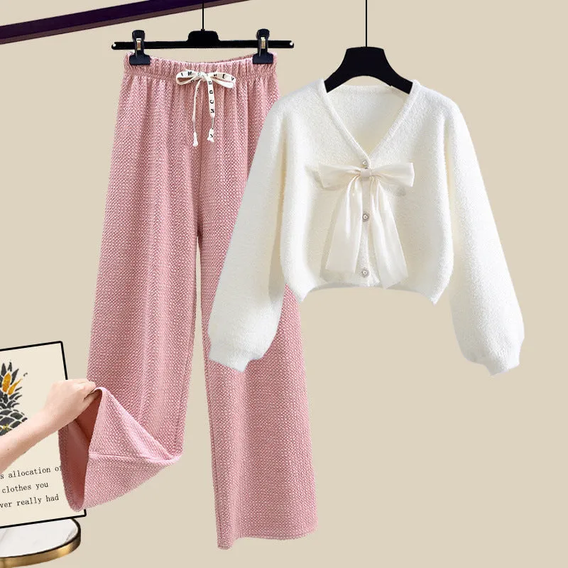 Soft glutinous bow cardigan sweater with wide-leg casual pants two-piece set for women in pink and apricot