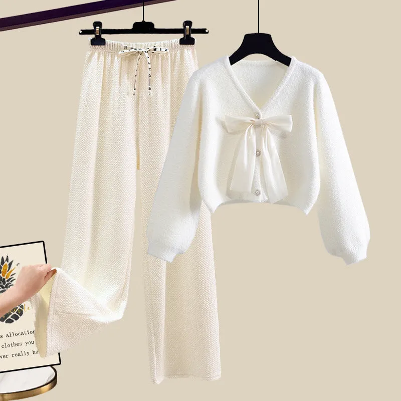 Soft glutinous bow cardigan sweater with wide-leg casual pants two-piece set for women in pink and apricot