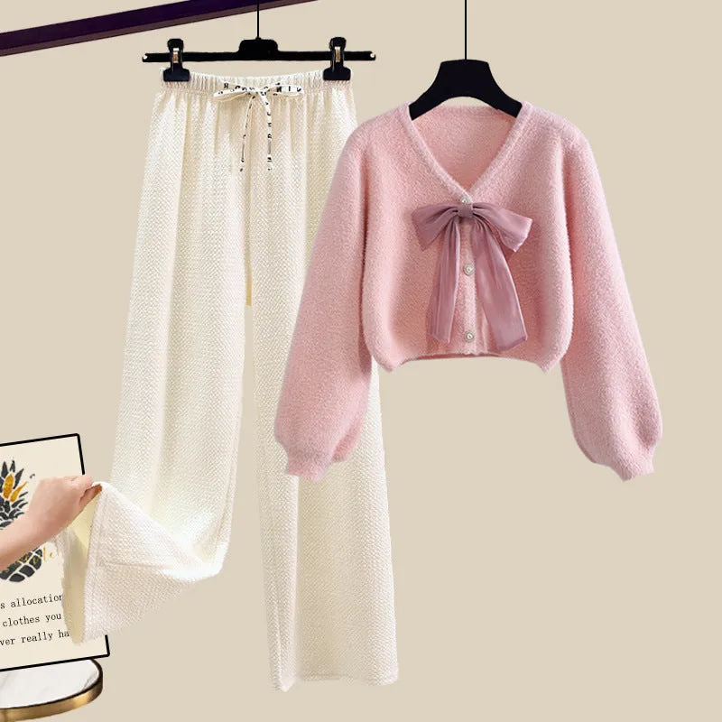 Soft glutinous bow cardigan sweater with wide-leg casual pants two-piece set for women in pink and apricot