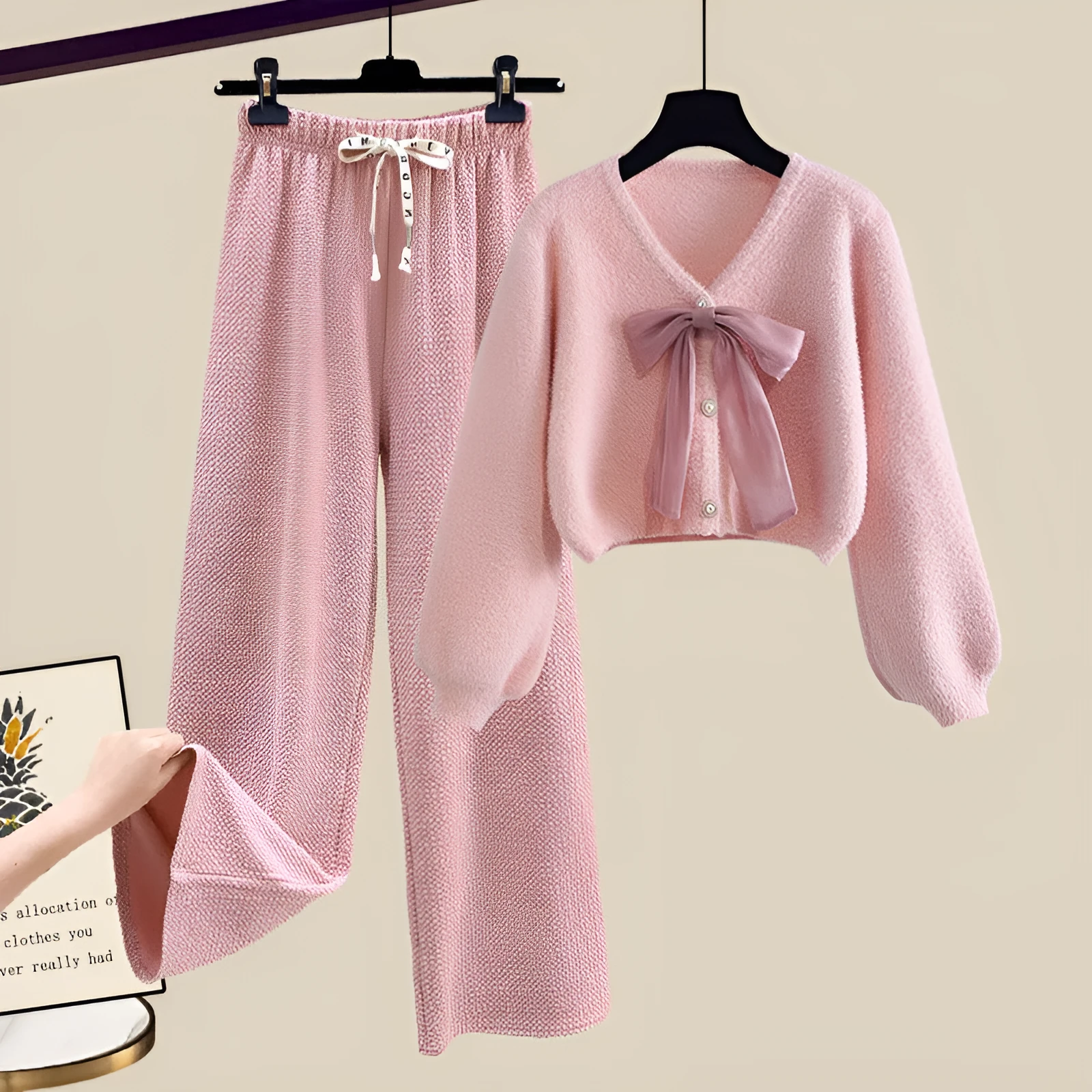 Soft glutinous bow cardigan sweater with wide-leg casual pants two-piece set for women in pink and apricot