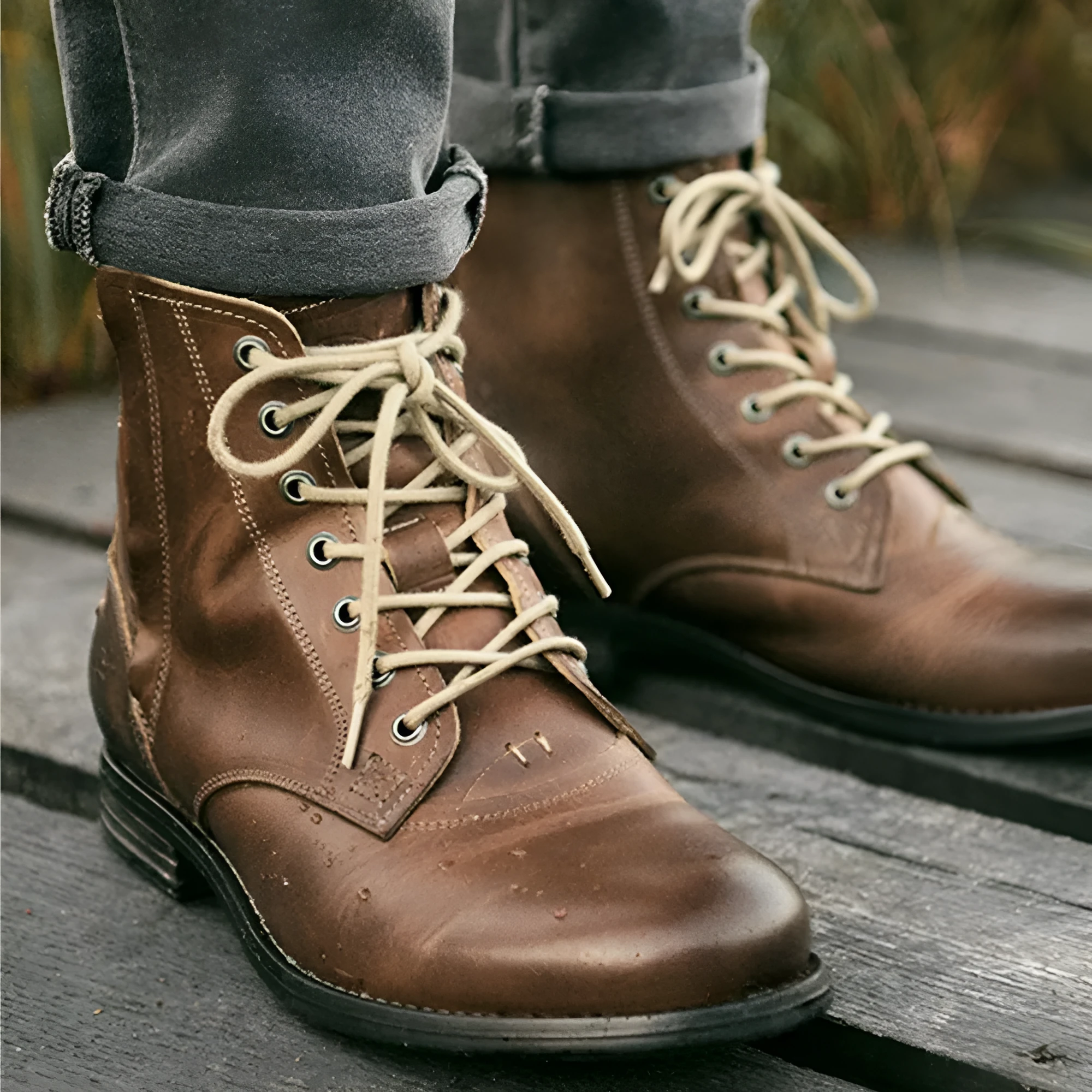 Men's black and brown two-tone leather ankle boots with a side zipper on a white background.