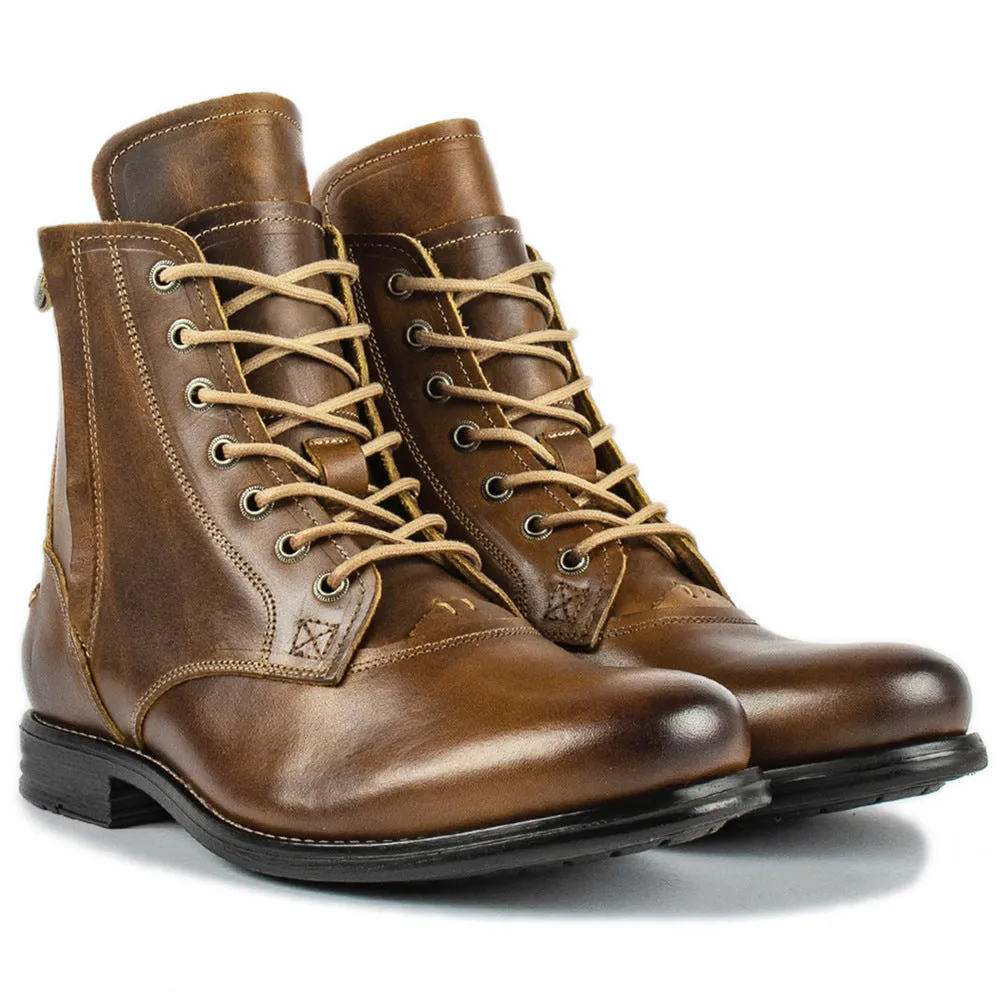 Men's black and brown two-tone leather ankle boots with a side zipper on a white background.