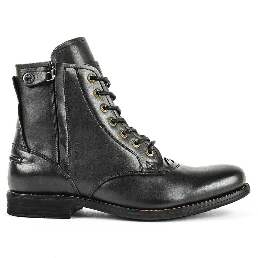 Men's black and brown two-tone leather ankle boots with a side zipper on a white background.