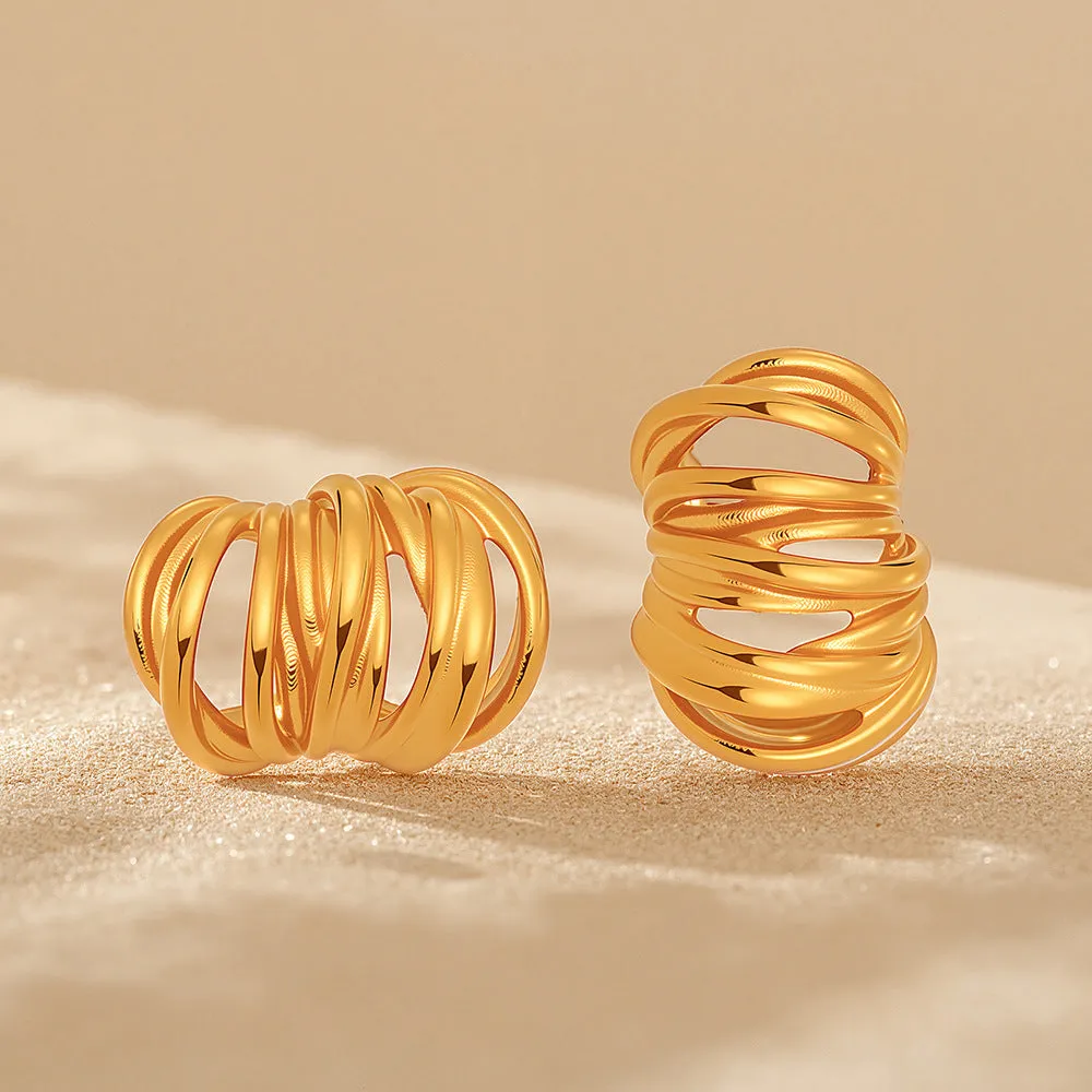 Heavy Industry Casting C-type ear studs multi-layer lines stainless steel geometric pumpkin shape electroplated gold finish