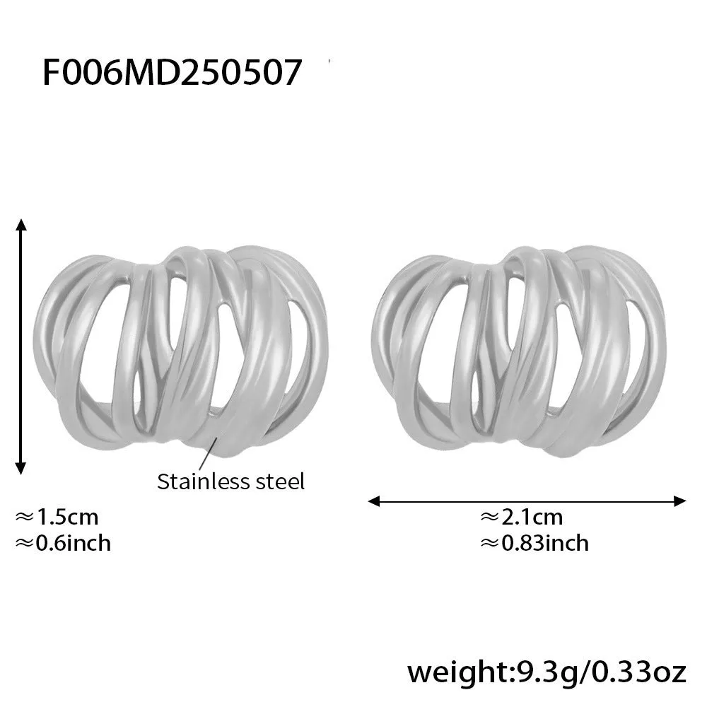 Heavy Industry Casting C-type ear studs multi-layer lines stainless steel geometric pumpkin shape electroplated gold finish