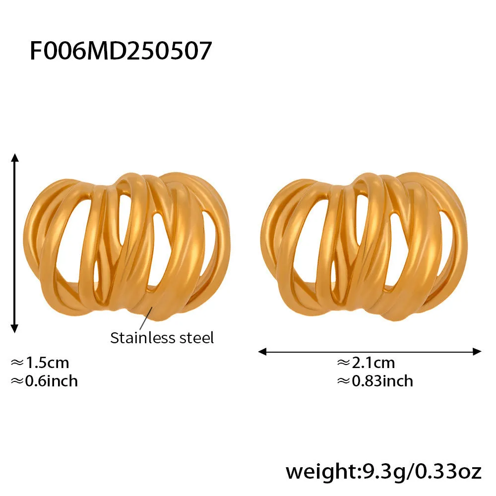 Heavy Industry Casting C-type ear studs multi-layer lines stainless steel geometric pumpkin shape electroplated gold finish