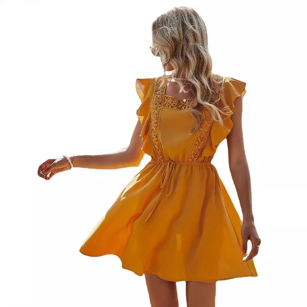 Women's high waist solid color yellow swing dress with stitching lace and ruffled short sleeves