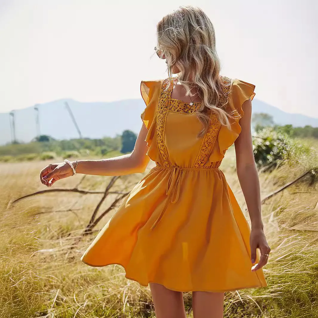 Women's high waist solid color yellow swing dress with stitching lace and ruffled short sleeves