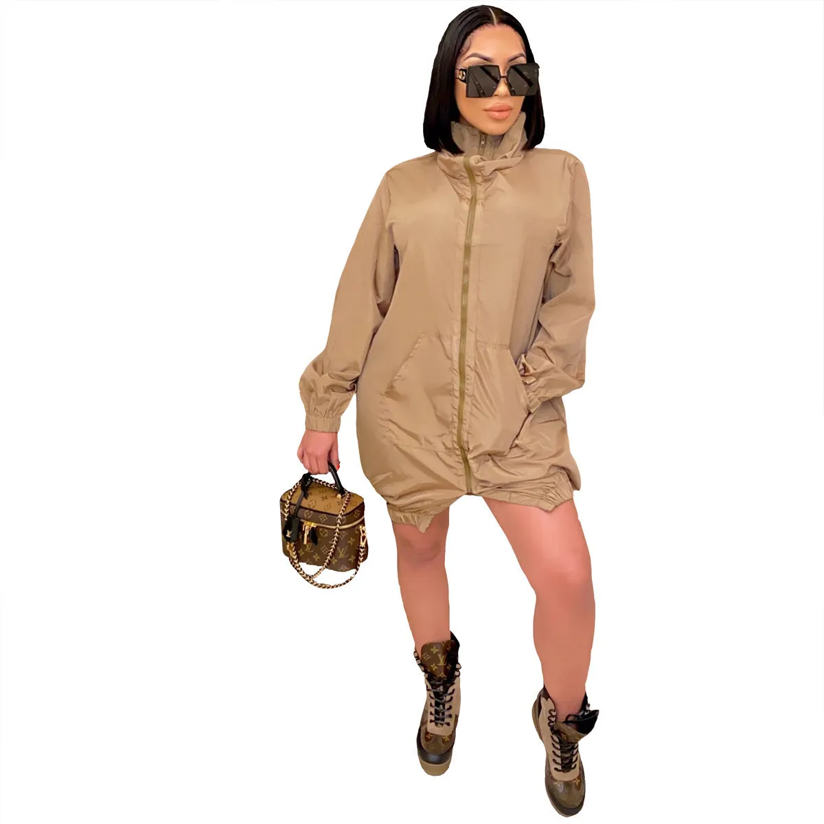 Casual women's loose long sleeve zipper dress in black, A-line skirt, polyester fibre