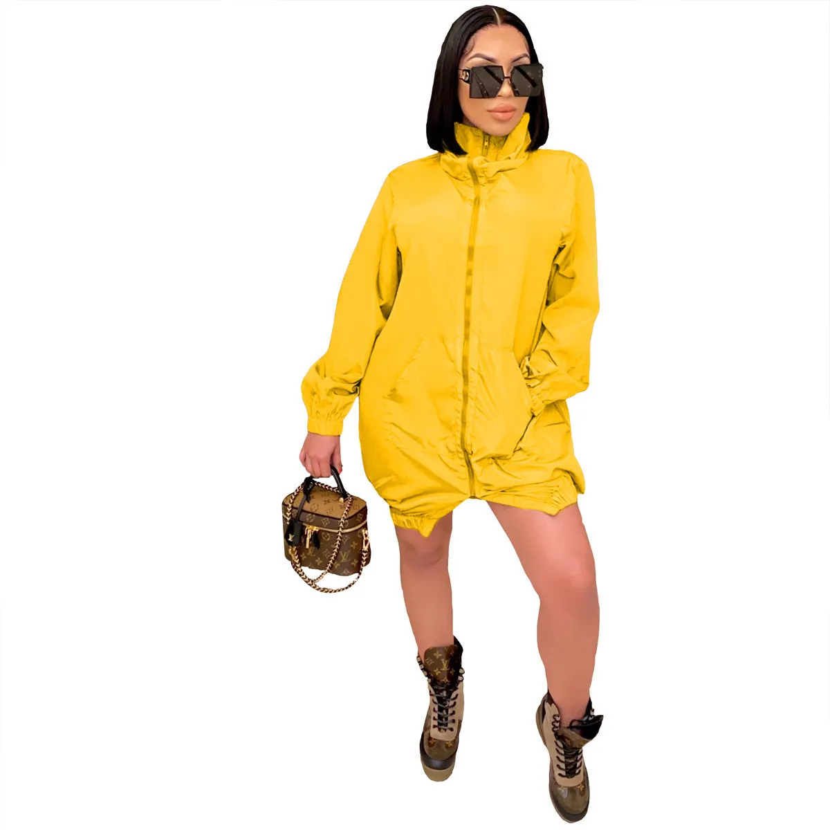 Casual women's loose long sleeve zipper dress in black, A-line skirt, polyester fibre