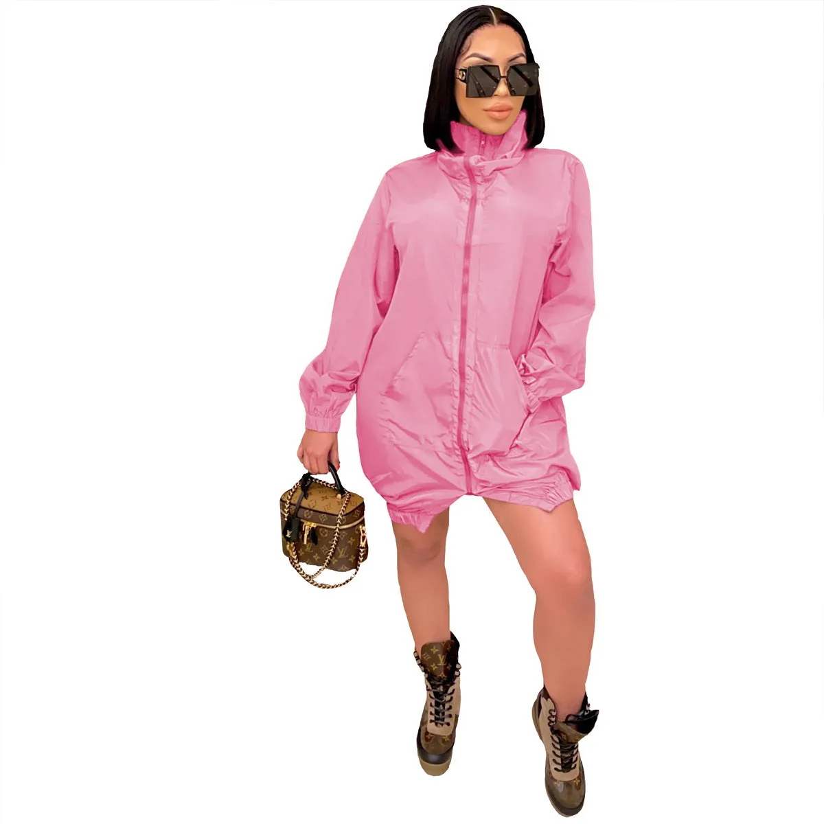 Casual women's loose long sleeve zipper dress in black, A-line skirt, polyester fibre
