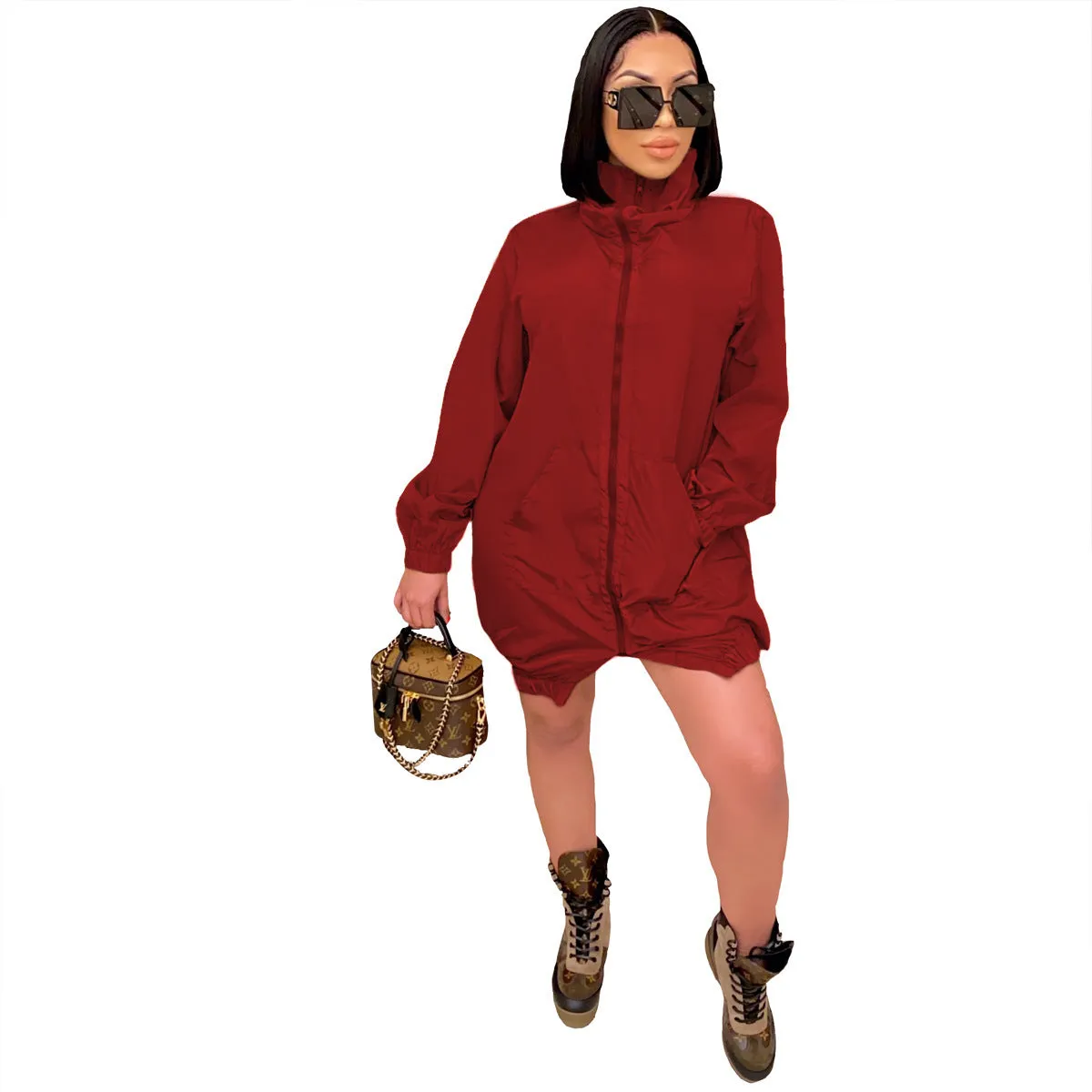 Casual women's loose long sleeve zipper dress in black, A-line skirt, polyester fibre