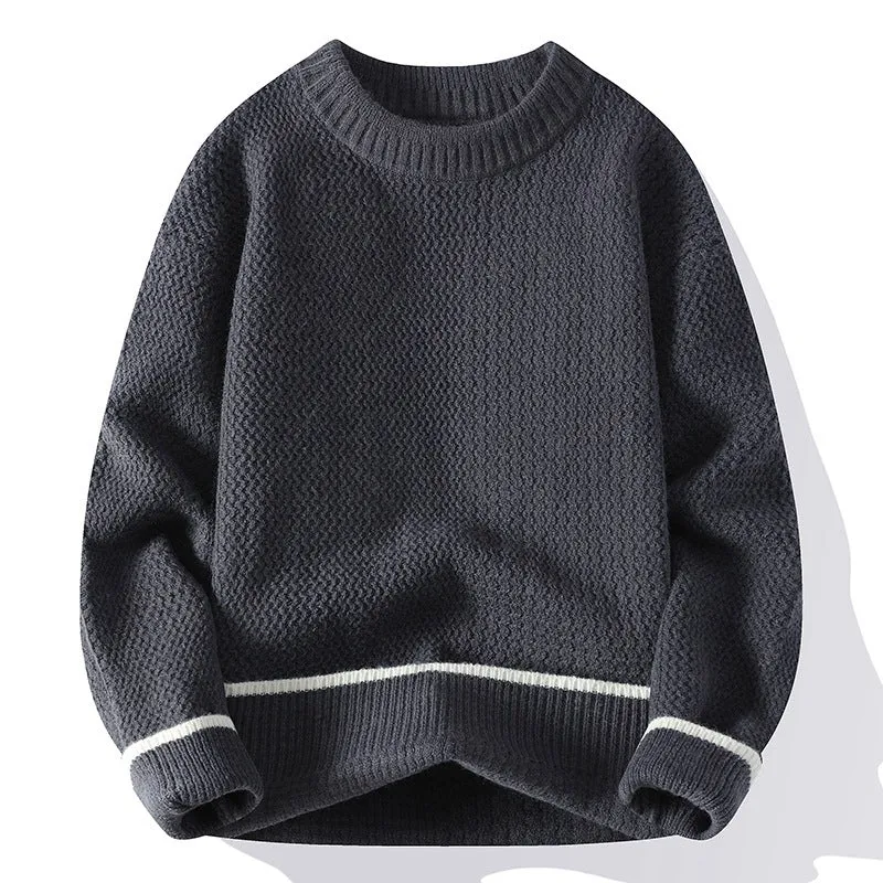 Men's grey round neck pullover sweater with loose fit long sleeves