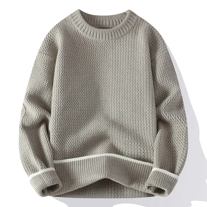 Men's grey round neck pullover sweater with loose fit long sleeves