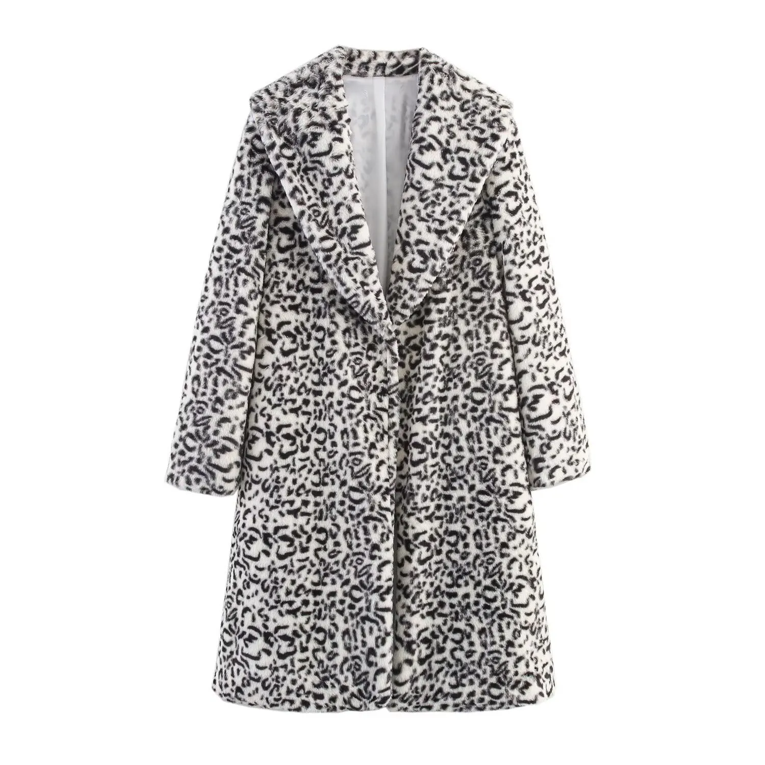 Leopard print lapel loose fake fur long sleeve coat with pockets for women street hipster style