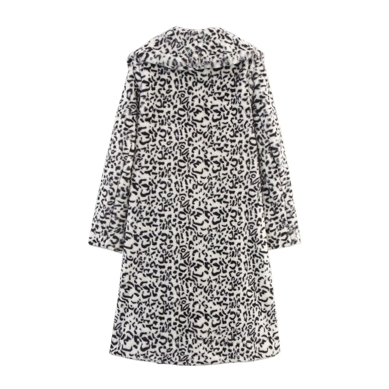 Leopard print lapel loose fake fur long sleeve coat with pockets for women street hipster style