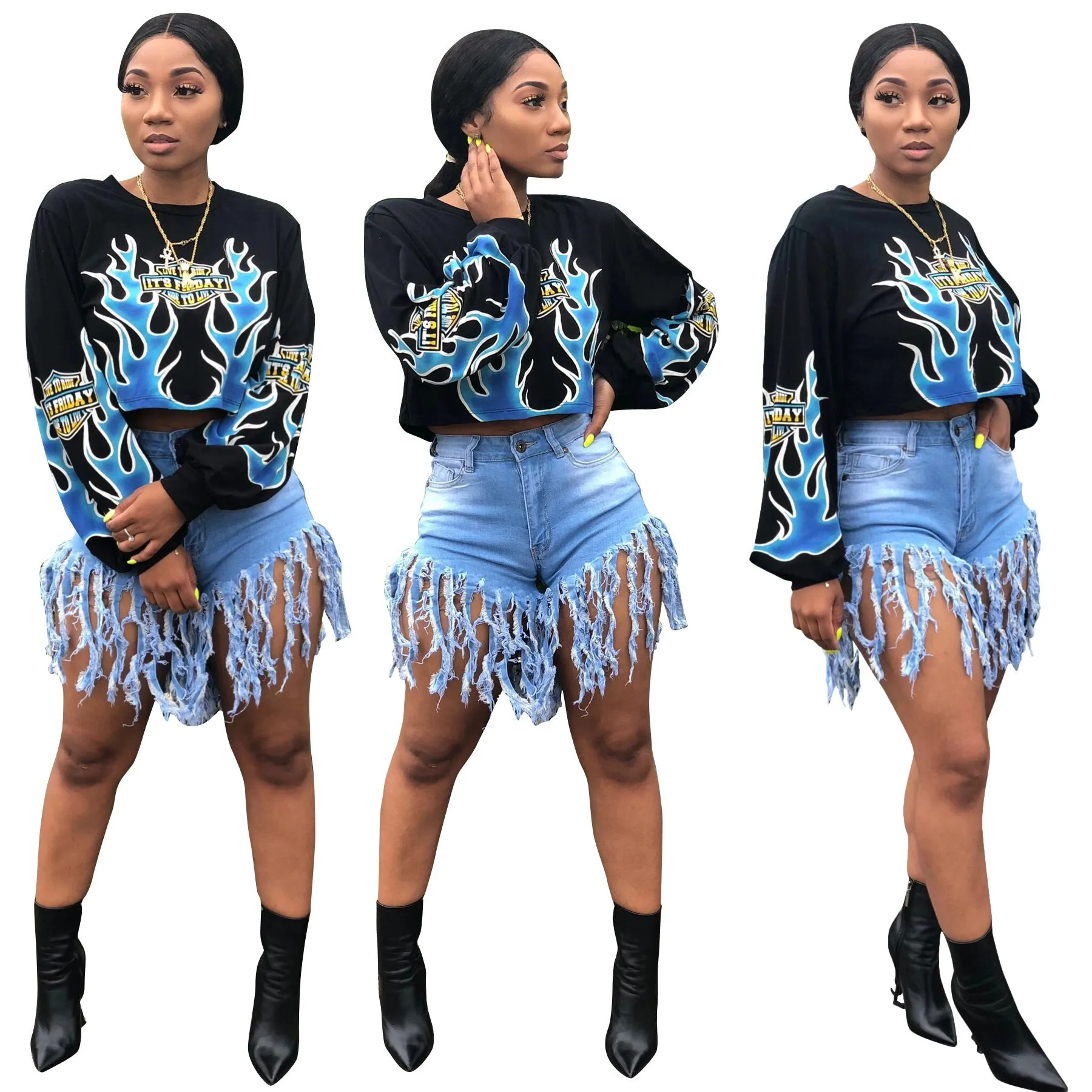 Women's flame positioning printed long-sleeved sweater in white polyester, loose fit street fashion pullover