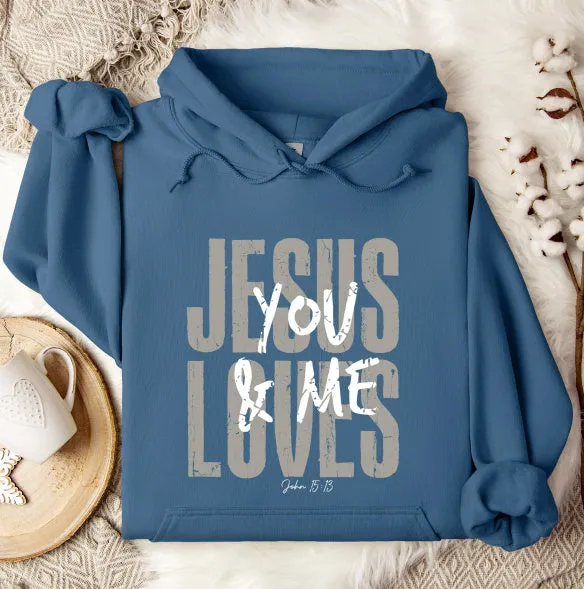 Hooded pullover leisure loose printed sweater for women in blue, front view, long sleeves