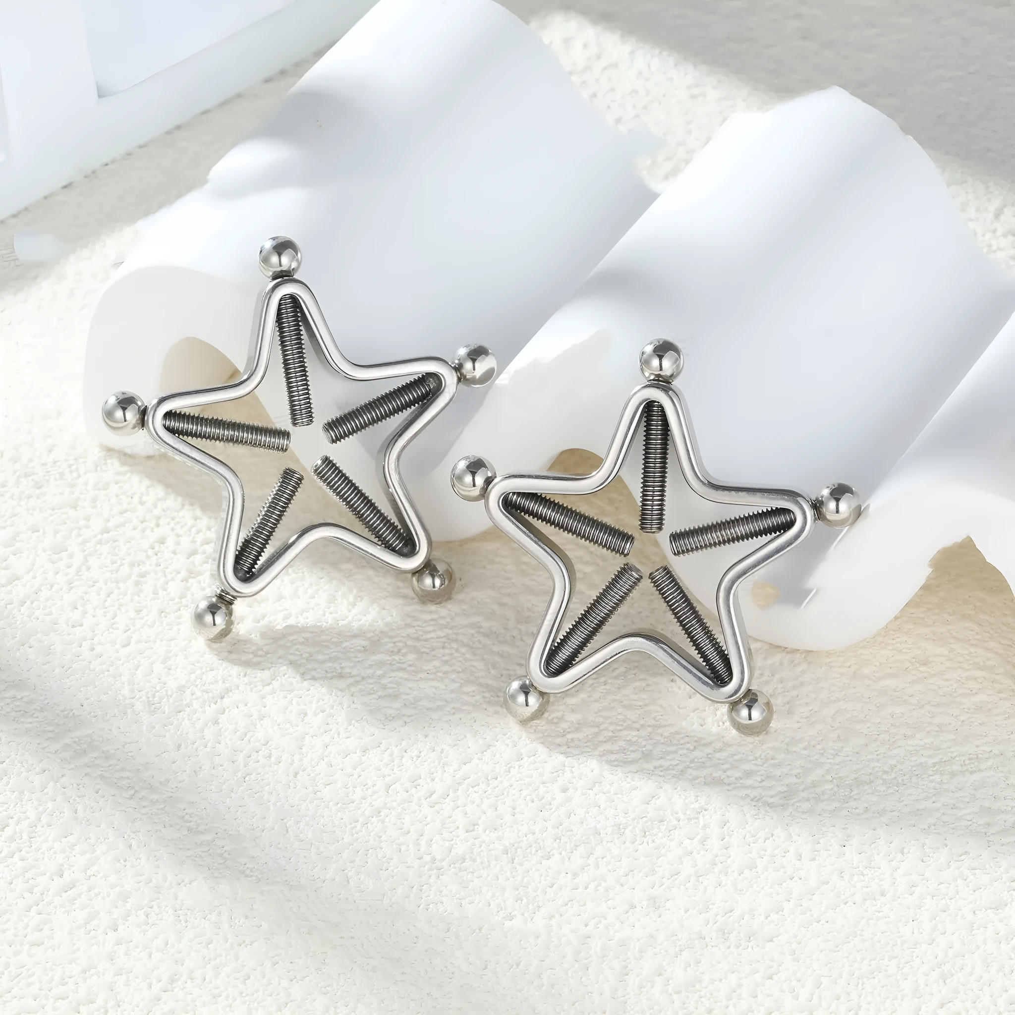 Stainless steel screw adjustable geometric nipple ring for women, steel colour finish
