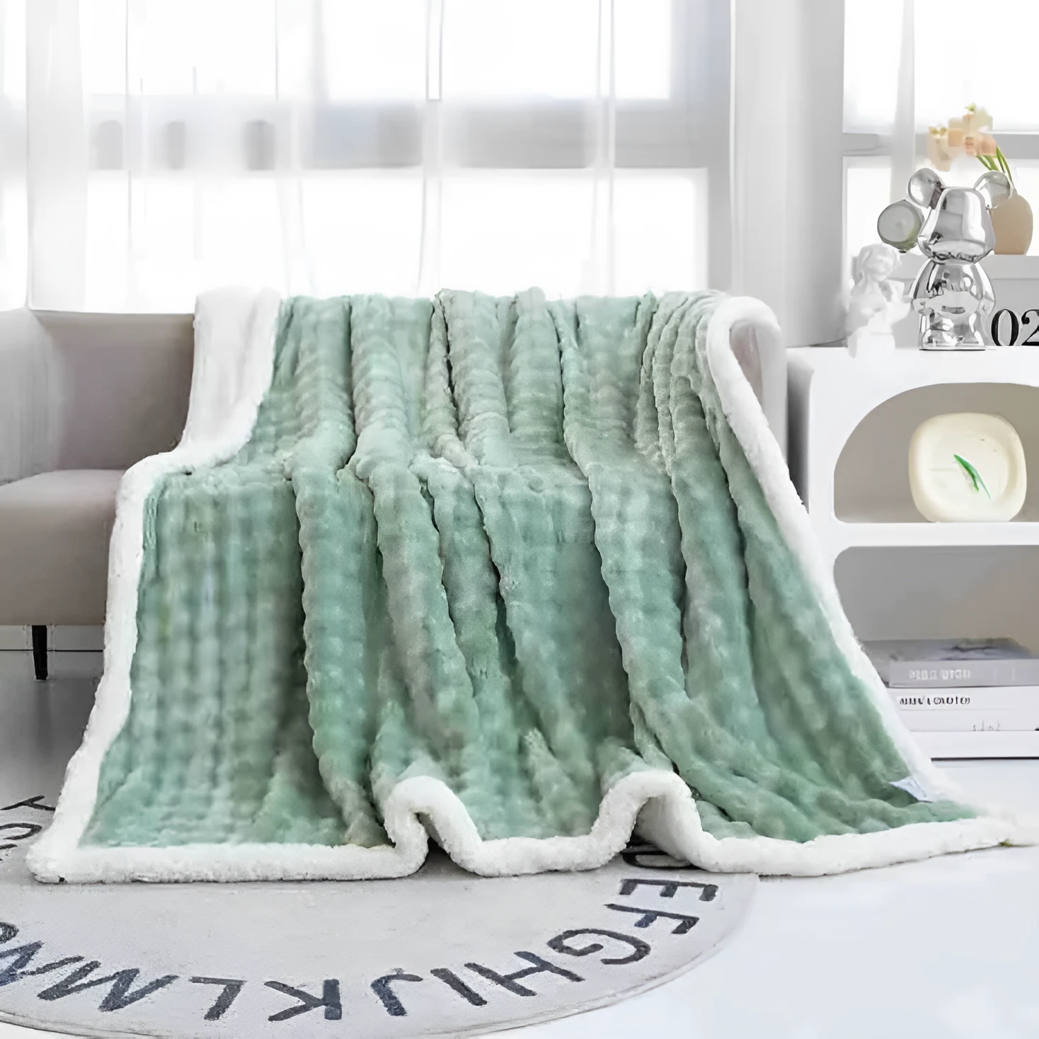Bubble double layer thick lambskin blanket in beige on a sofa