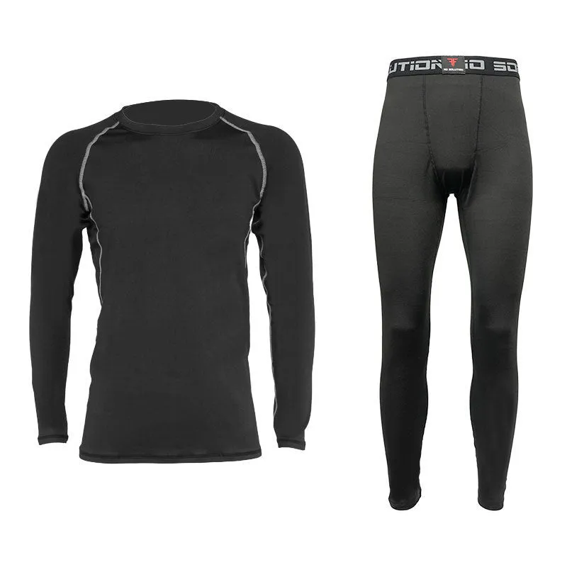 Skiing quick-dry base layer set top and trousers in black, front view on model