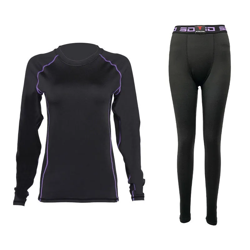 Skiing quick-dry base layer set top and trousers in black, front view on model