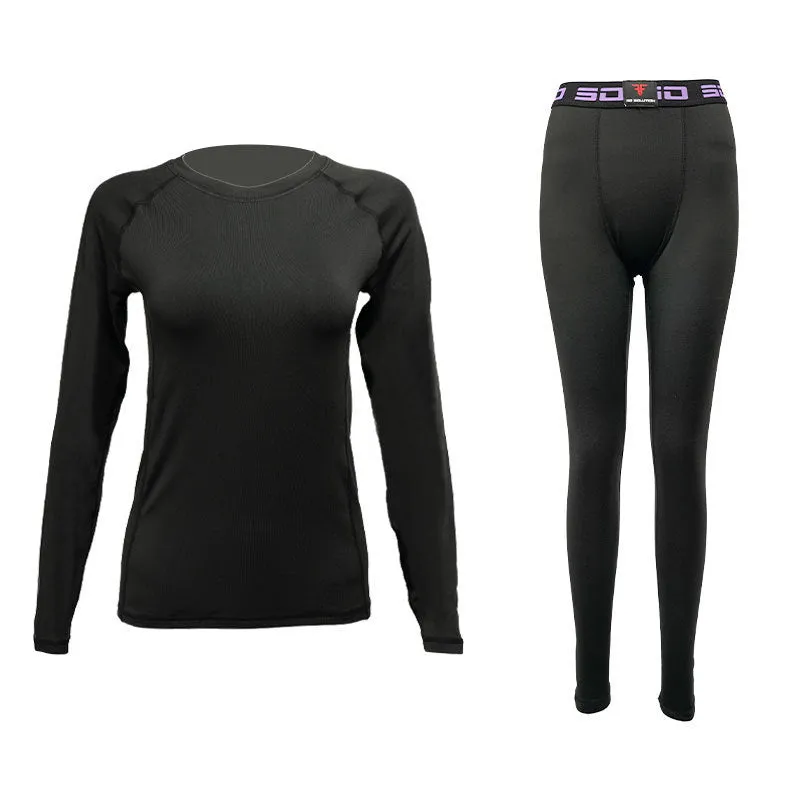 Skiing quick-dry base layer set top and trousers in black, front view on model