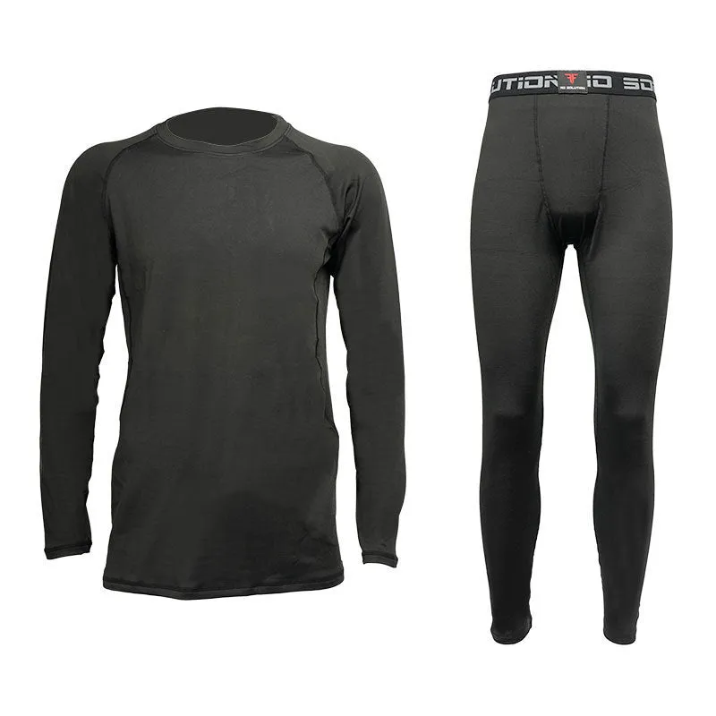 Skiing quick-dry base layer set top and trousers in black, front view on model