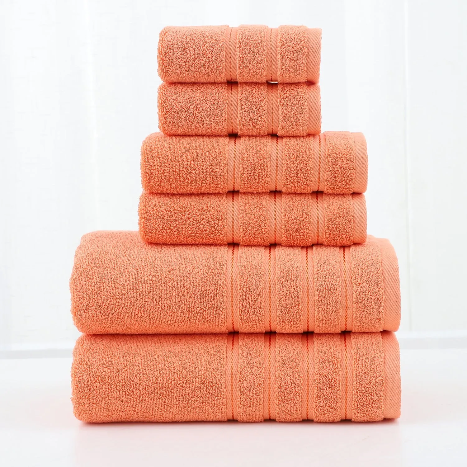 Combed cotton six-piece towel set in multiple colours including black, white, maroon, lavender, and light pink