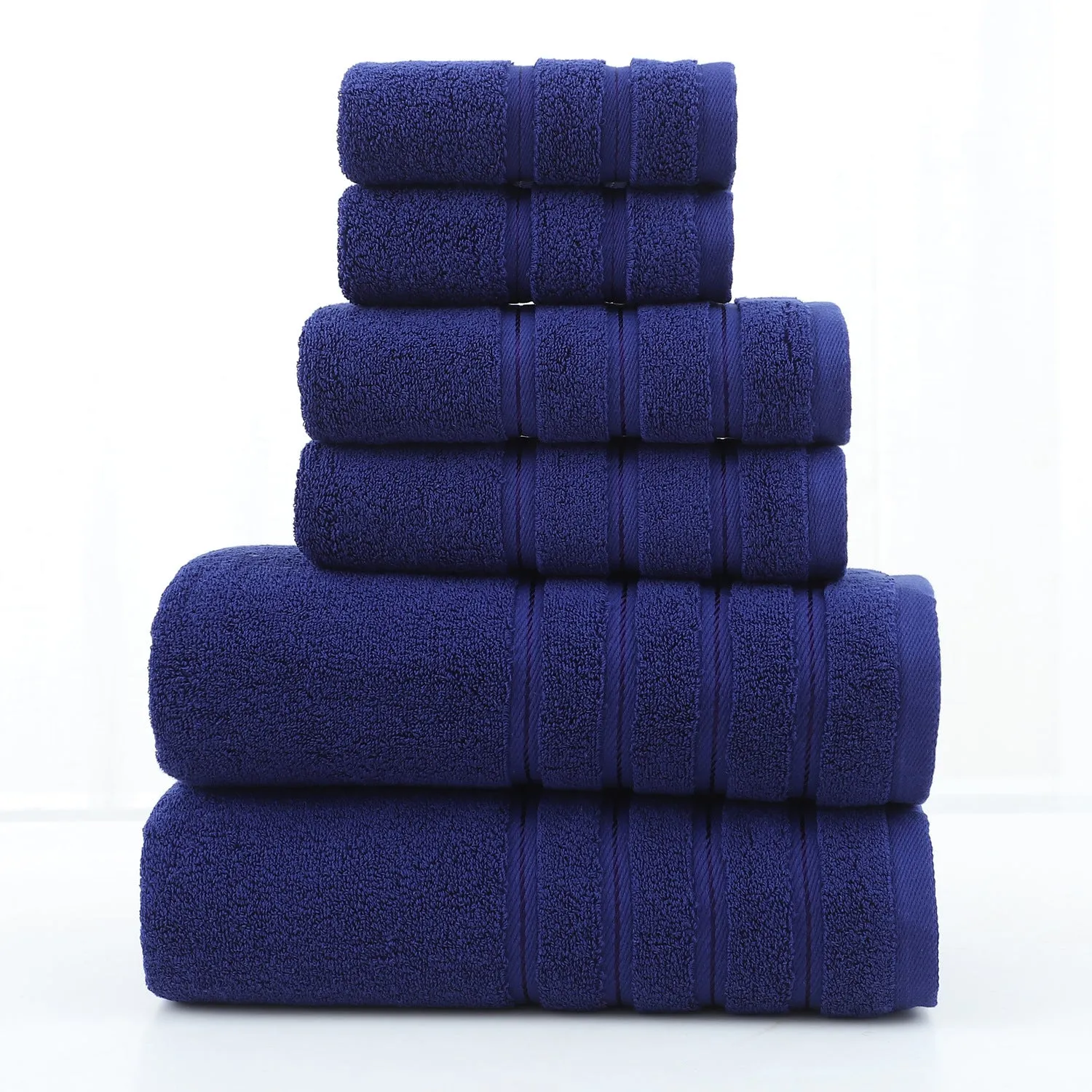 Combed cotton six-piece towel set in multiple colours including black, white, maroon, lavender, and light pink