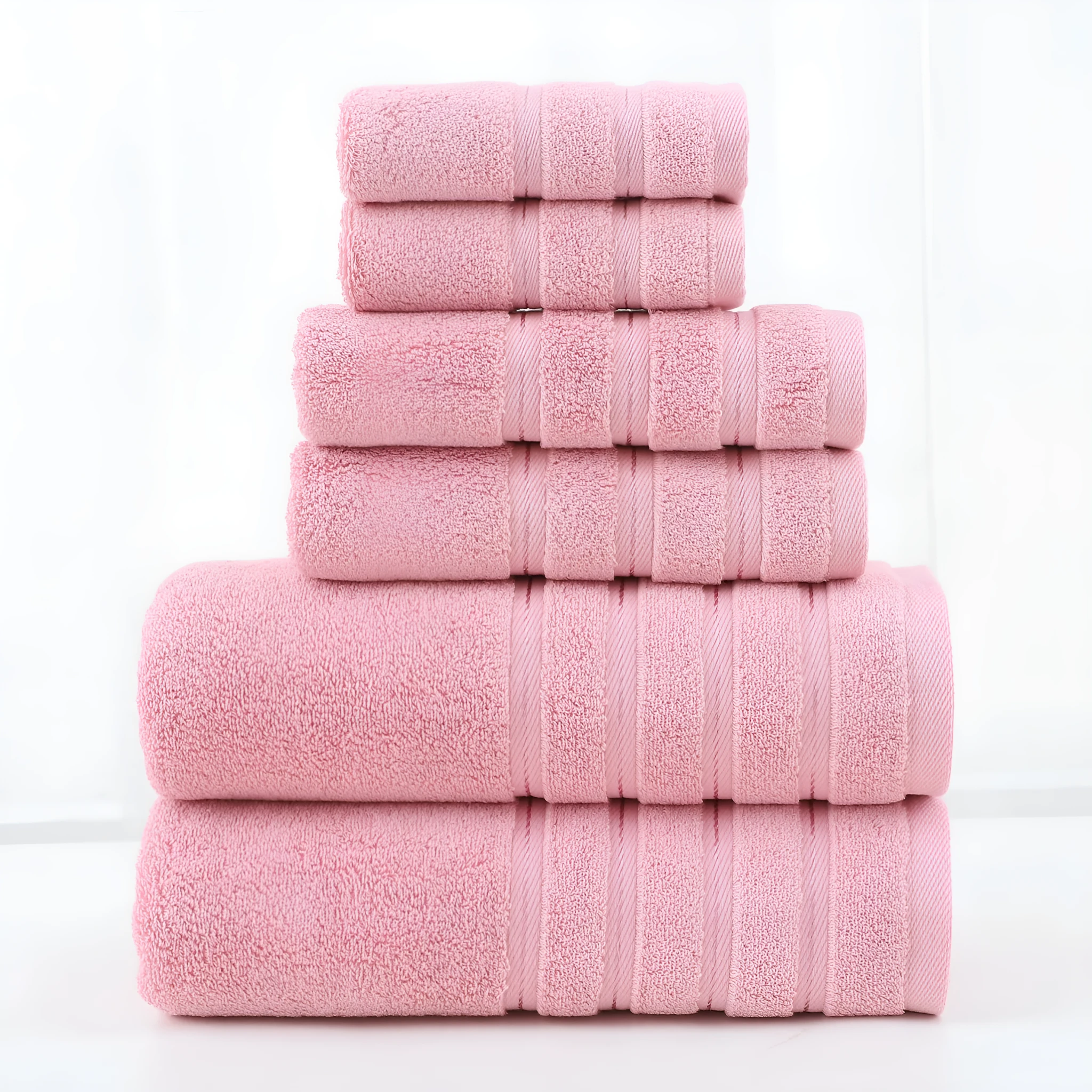 Combed cotton six-piece towel set in multiple colours including black, white, maroon, lavender, and light pink