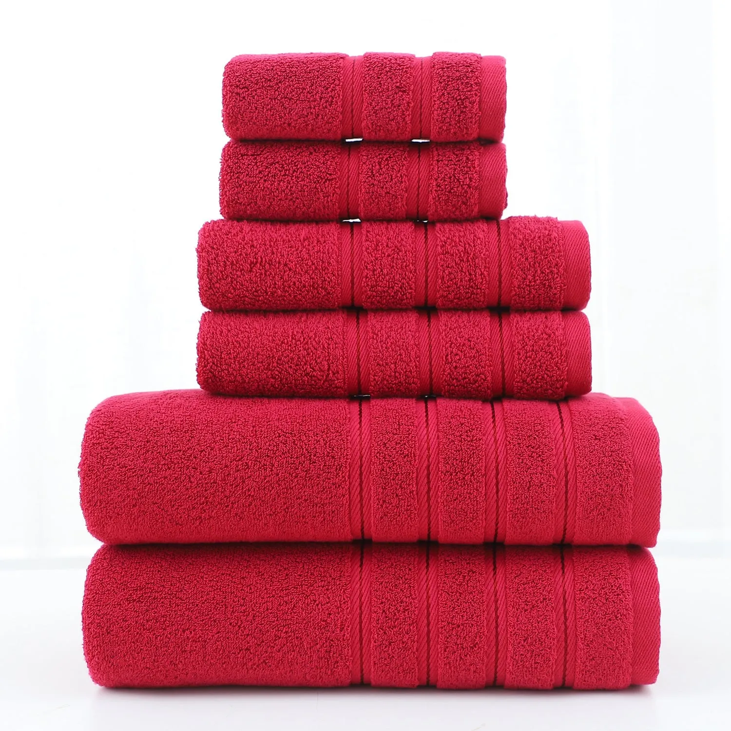 Combed cotton six-piece towel set in multiple colours including black, white, maroon, lavender, and light pink