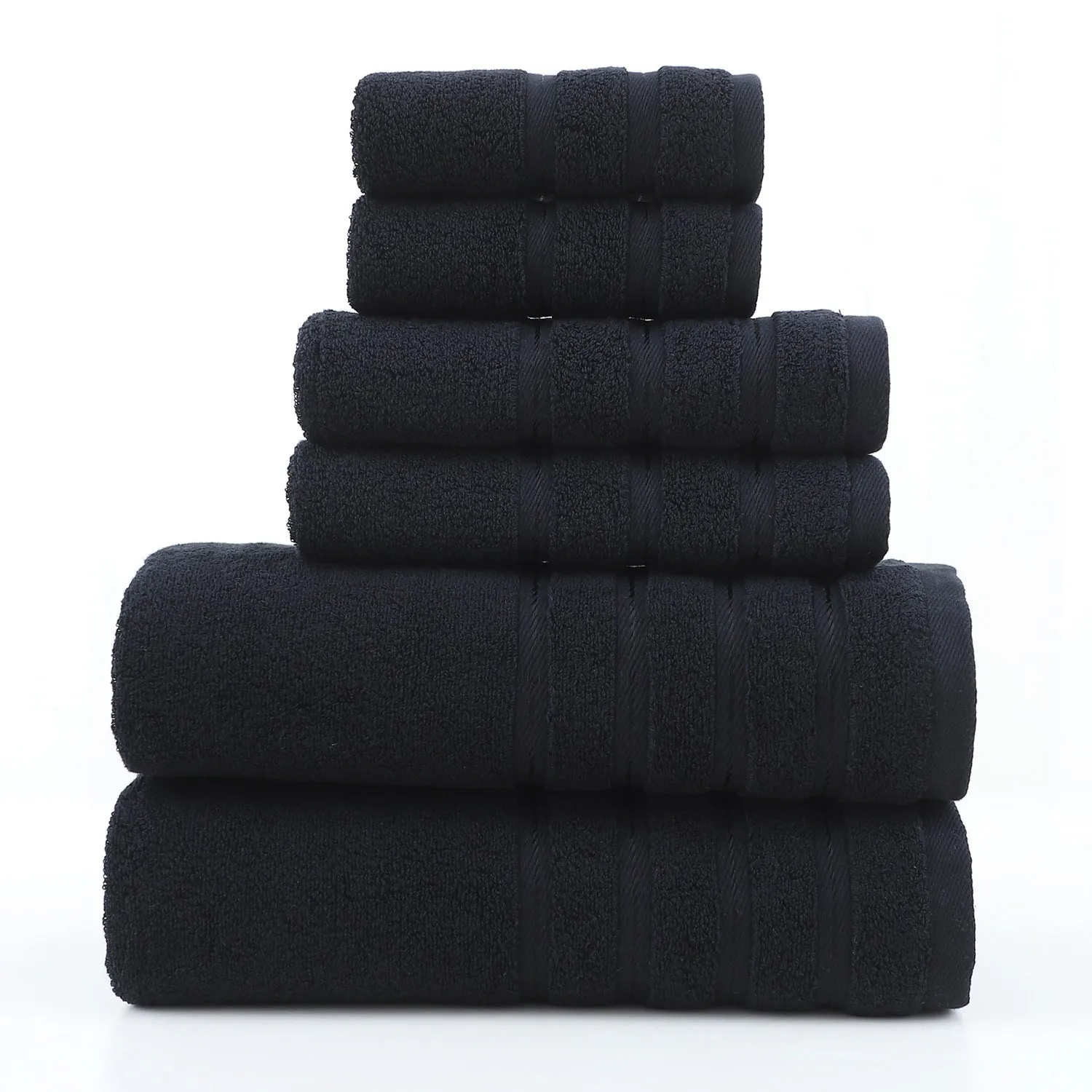 Combed cotton six-piece towel set in multiple colours including black, white, maroon, lavender, and light pink