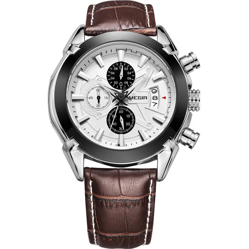 Men's quartz chronograph watch with three sub-dials, luminous markers, and waterproof case