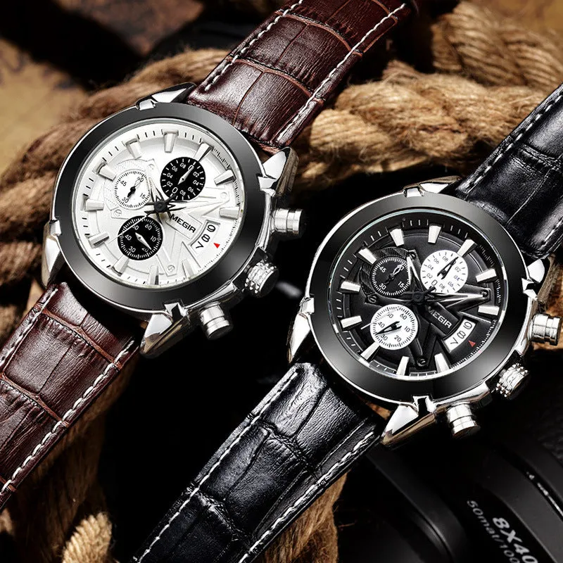 Men's quartz chronograph watch with three sub-dials, luminous markers, and waterproof case