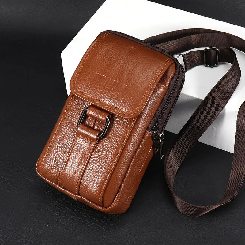Leather men's mobile phone waist bag in black small size, first-layer cowhide, square vertical shape with sewing line detail