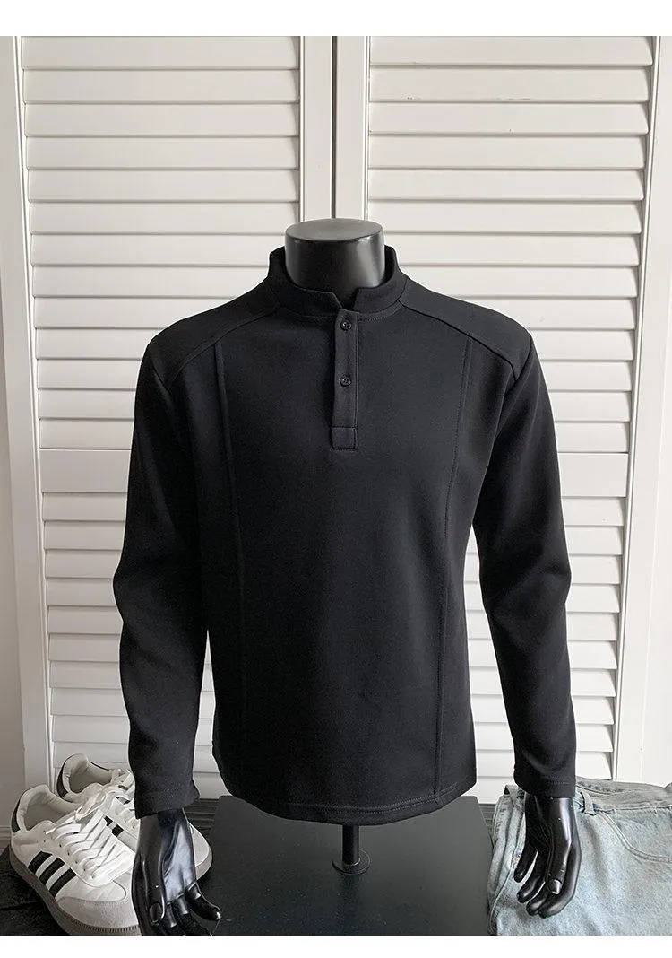 Men's grey asymmetric polo shirt with a patchwork stand-up collar and long sleeves.