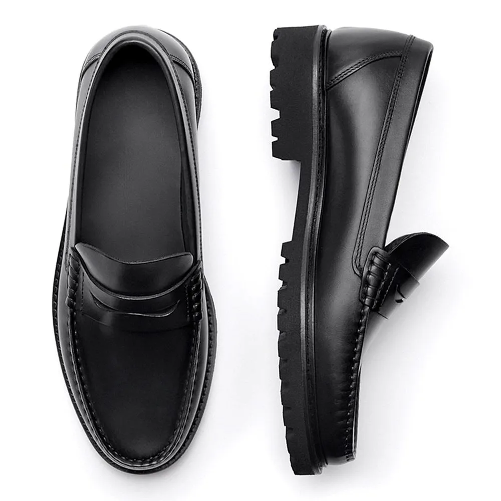 Men's brown leather loafers with first layer cowhide upper, rubber sole, and low heel on a neutral background