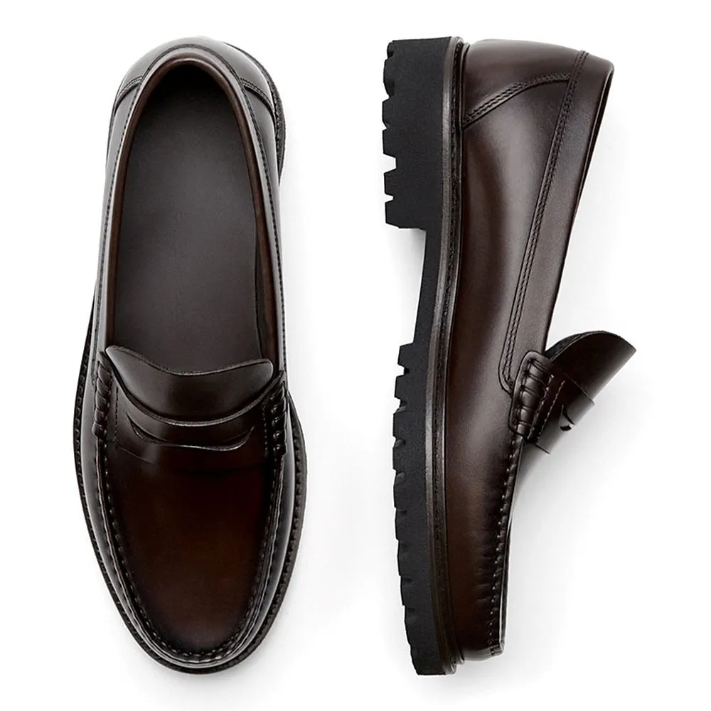 Men's brown leather loafers with first layer cowhide upper, rubber sole, and low heel on a neutral background