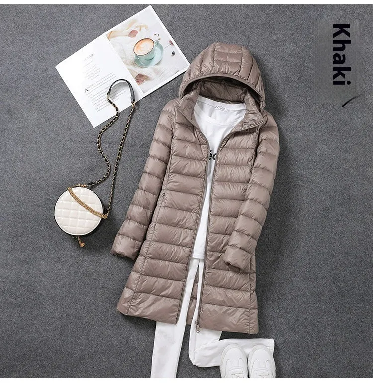 Women's mid-length lightweight down jacket in black, slim fit nylon design